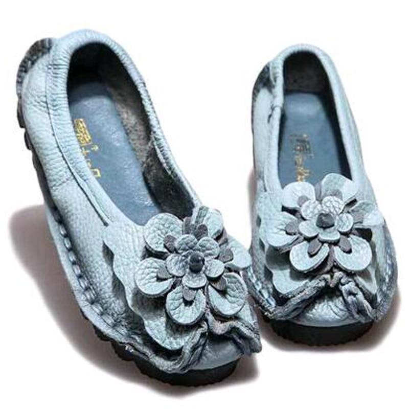 Women Loafers Genuine Split Leather Flat Heels Flower Round Toe Soft Solid Sandals Platform Ladies Shoes