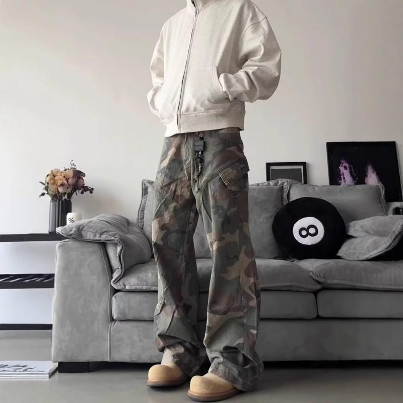 Mens Camo Cargo Straight Fit Distressed Denim Jeans Casual Workwear Pants