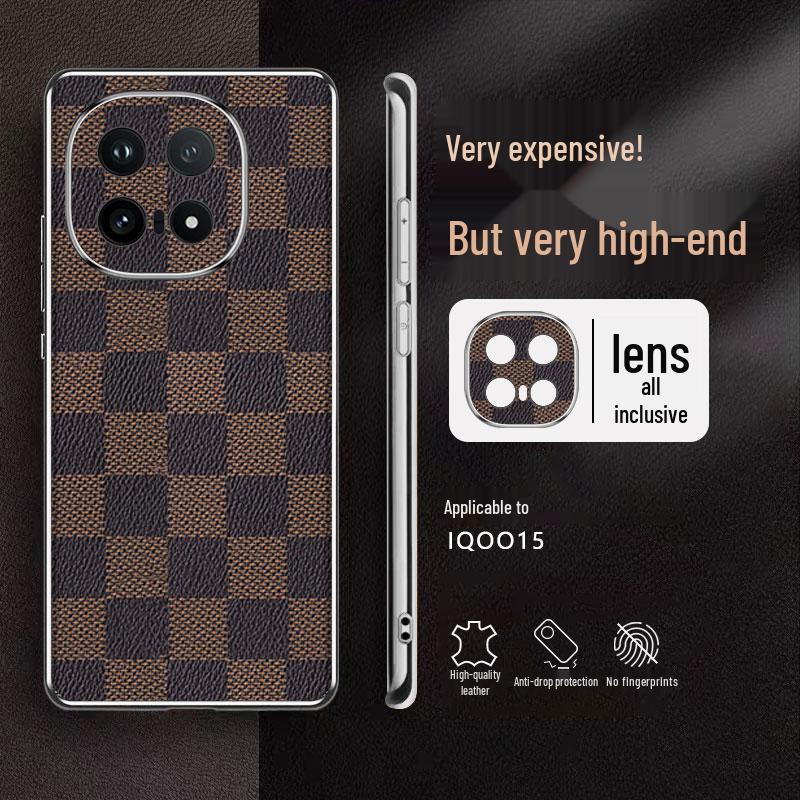 Роскошный кожаный чехол для телефона IQOO15: Высококлассный, Гальванизированный, Противоударный Клетчатый Дизайн для Мужчин