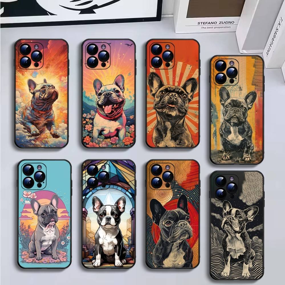 Мультяшный чехол для телефона с французским бульдогом для iPhone17,16,15,14,13,12,11 Plus,Pro Max, Мягкий черный чехол