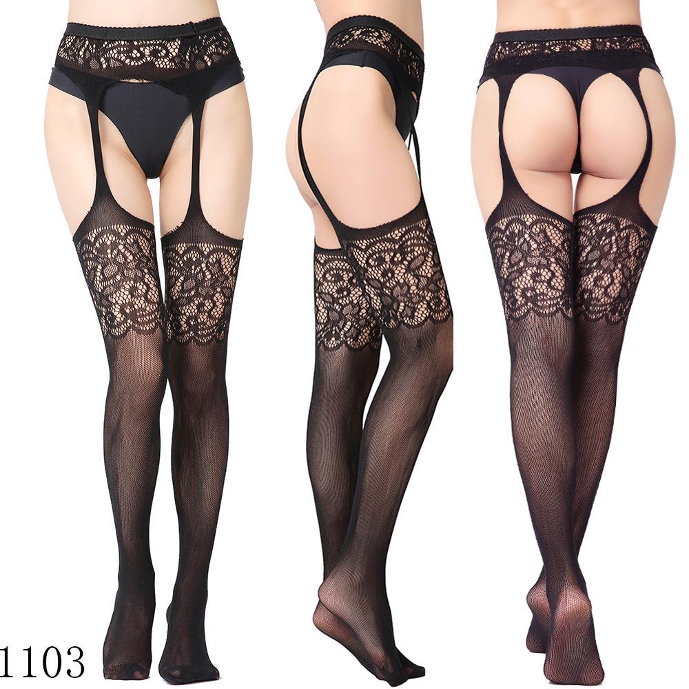 Sexy Elastic Fishnet Stockings with Garter Belt - Women's Open Crotch Fine Mesh Anti-Slip