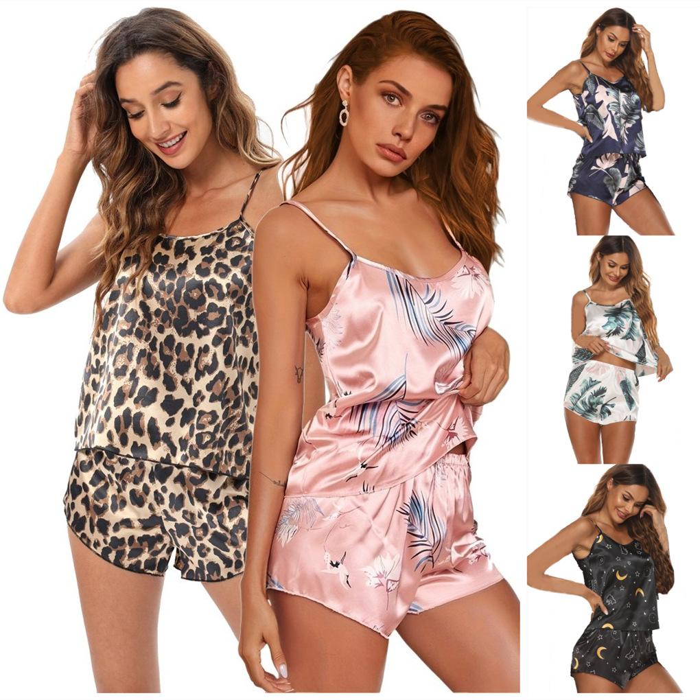 European and American Style Women's Sexy Satin Loungewear Two Piece Camisole and Shorts Pajamas Set Summer Fashion Printed  Homewear