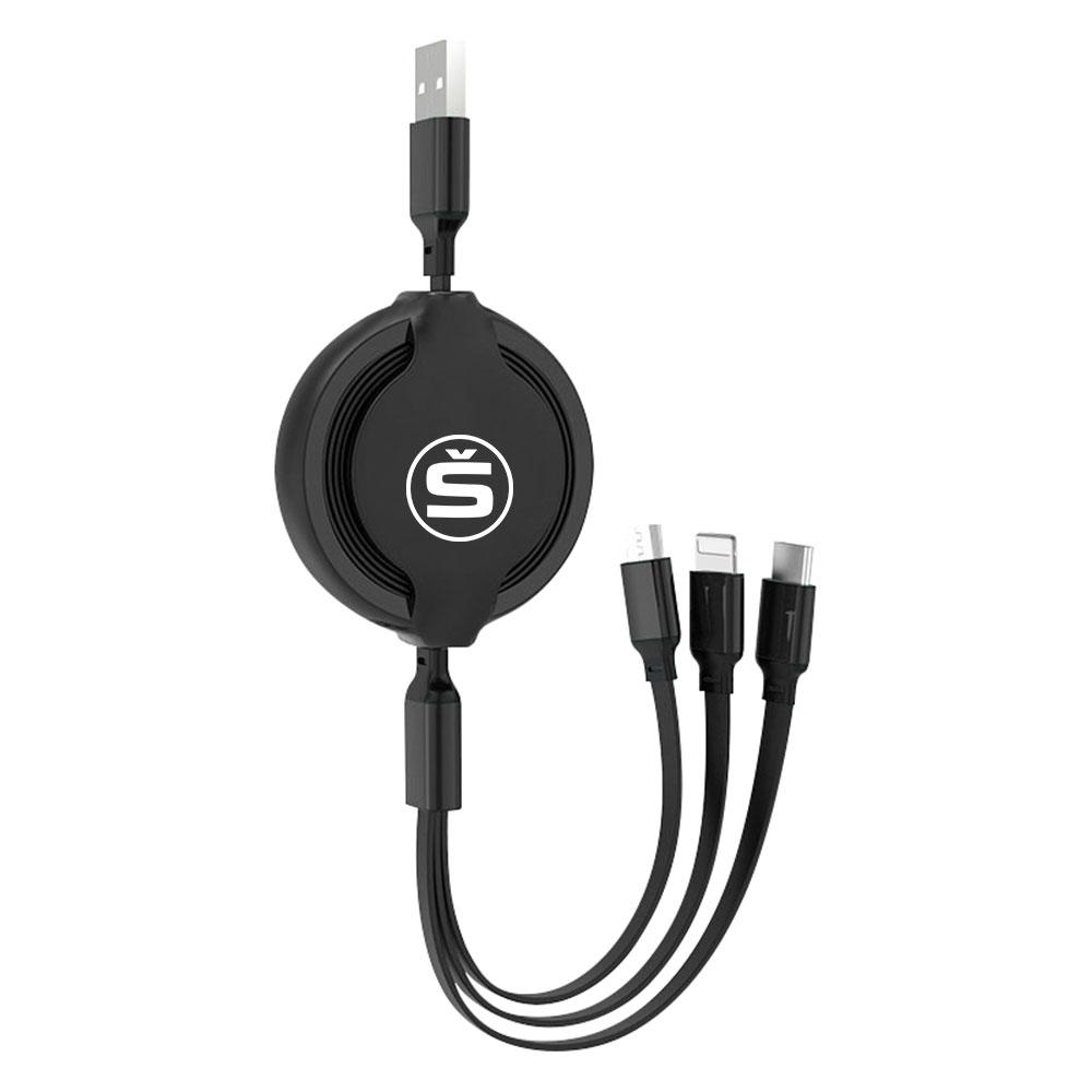 BATB7 Retractable USB Cable Phone Fast Charger 3-in-1 Multi-head Charging Cable For Skoda Rapid Scala Kodiaq Fabia Karoq Octavia 3 VII