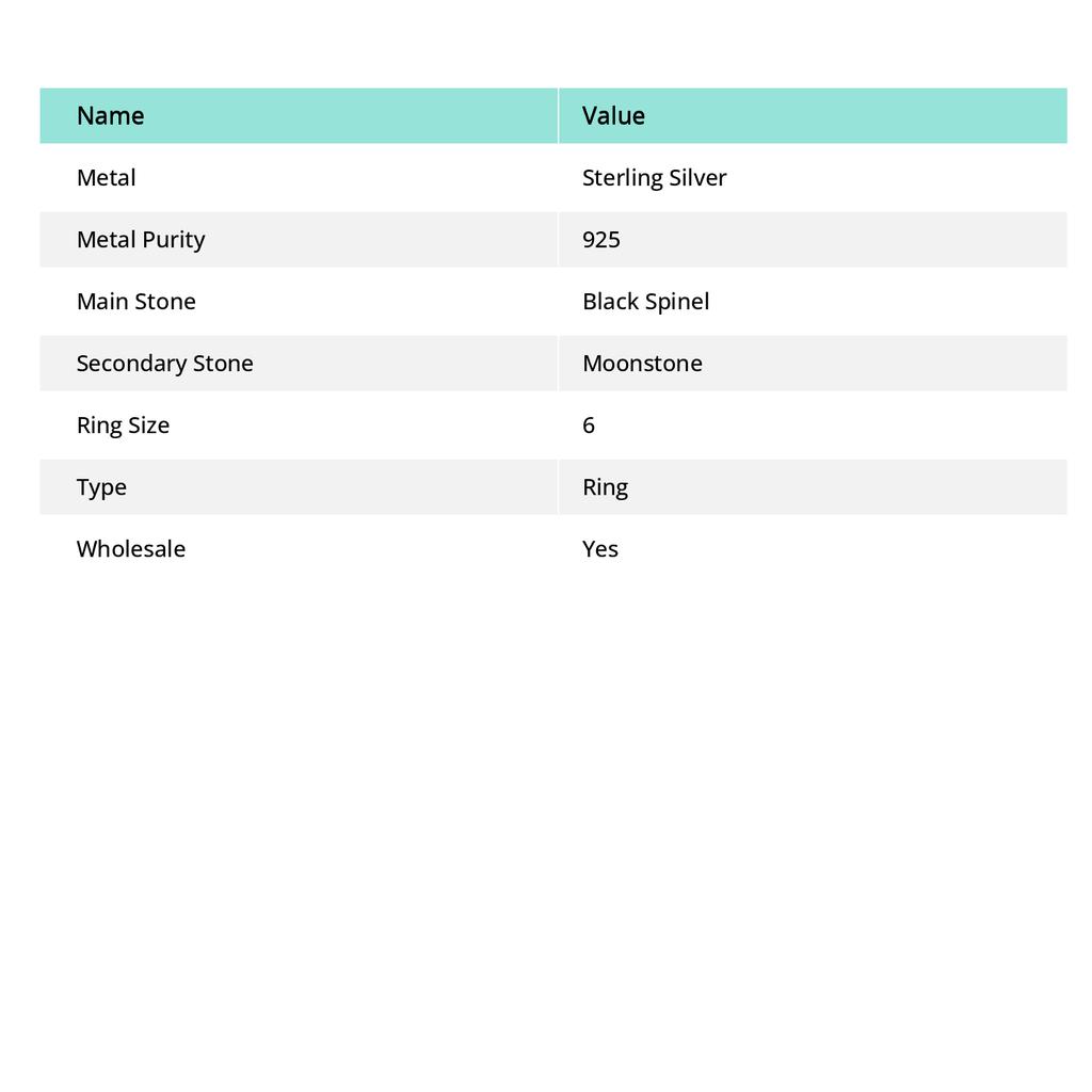 Черная шпинель, лунный камень Ручная работа Ювелирное изделие из серебра 925 пробы Кольцо Размер 6 J3c64