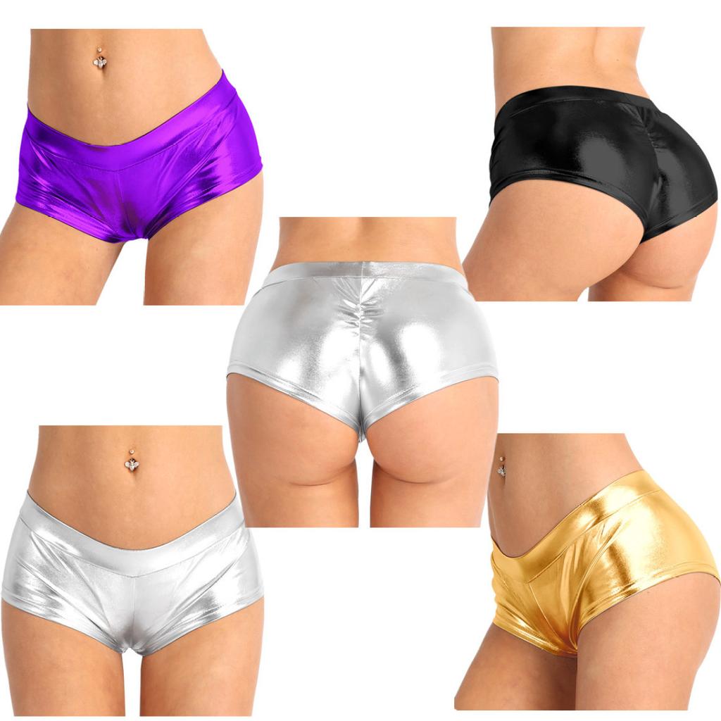 Женские сексуальные блестящие эластичные металлические шорты с мокрым эффектом и высокой талией для танцев Rave Booty Шорты Шорты
