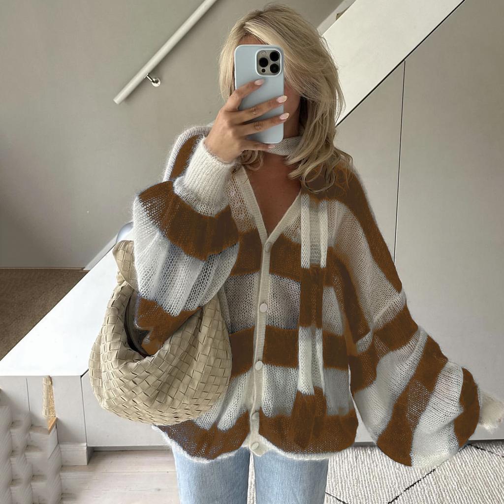Women's Autumn and Winter Loose Striped Casual Cardigan Sweater
