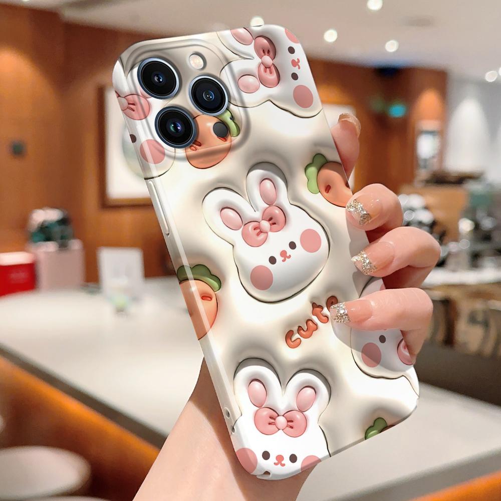 For iPhone 16 Samsung S23 A23 A52 A33 A73 A53 Huawei Xiaomi Redmi OPPO Vivo White Rabbit Design Flowers Design Full Camera Protect Hard Phone Case
