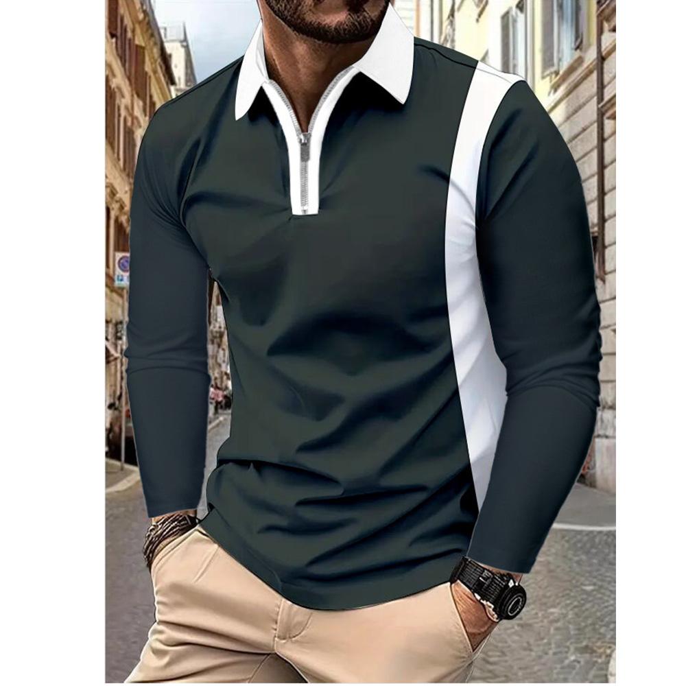 Spring Men's Clothes Contrast Color Fashion Polo Shirts Long Sleeve Turn-down Collar Tops Soft Breathable Casual Zipper Pullover