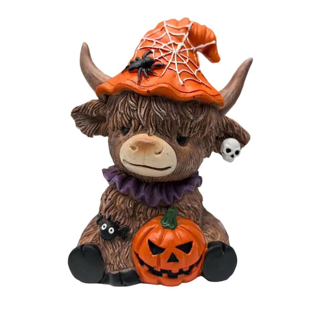Halloween Highland Cow Holding Skull Pumpkin Resin Statue Festives Home Table Decors Ornament Resin Miniature Sculpture