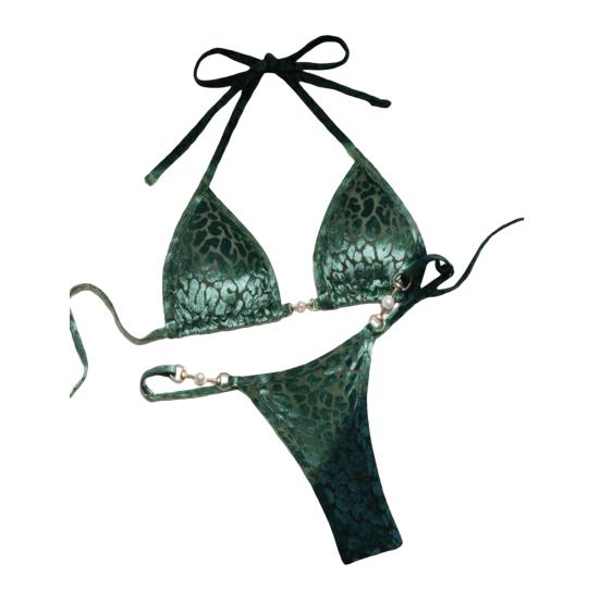 2Pcs/Set Women Sexy Bikini Set Leopard Print Halter Bra Faux Pearls Briefs