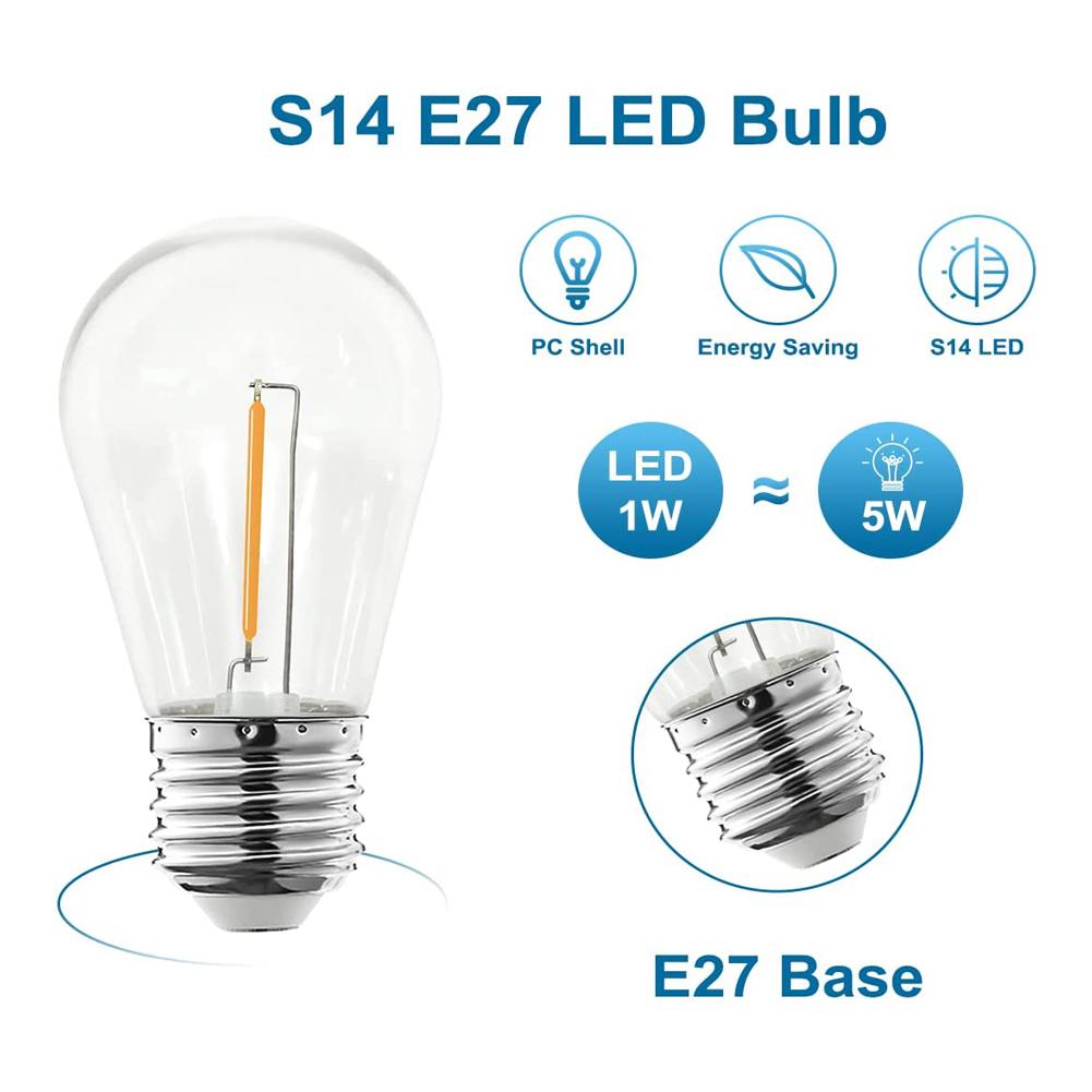 10 упаковок 5 В S14 лампы накаливания солнечные гирлянды E27 E261W теплые белые светодиодные лампы с крышкой для ПК