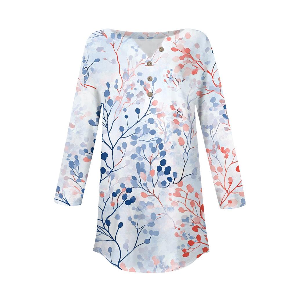 Женская мода свободный воротник на пуговицах с принтом рукав 3/43/4 футболка топы пуловер