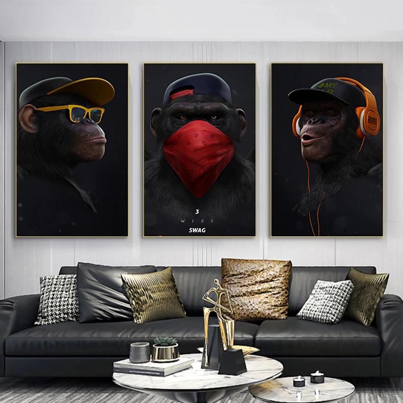 Funny Animal Paintings Gorilla Canvas Paintings Wall Art Posters 3 Smart Monkeys Pictures Prints for Living Room Home Decoration No Frame