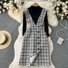 Autumn And Winter Fashionable Knitted Sweater + Bird Check Single-Breasted Straps Skirt Two-Piece Set
