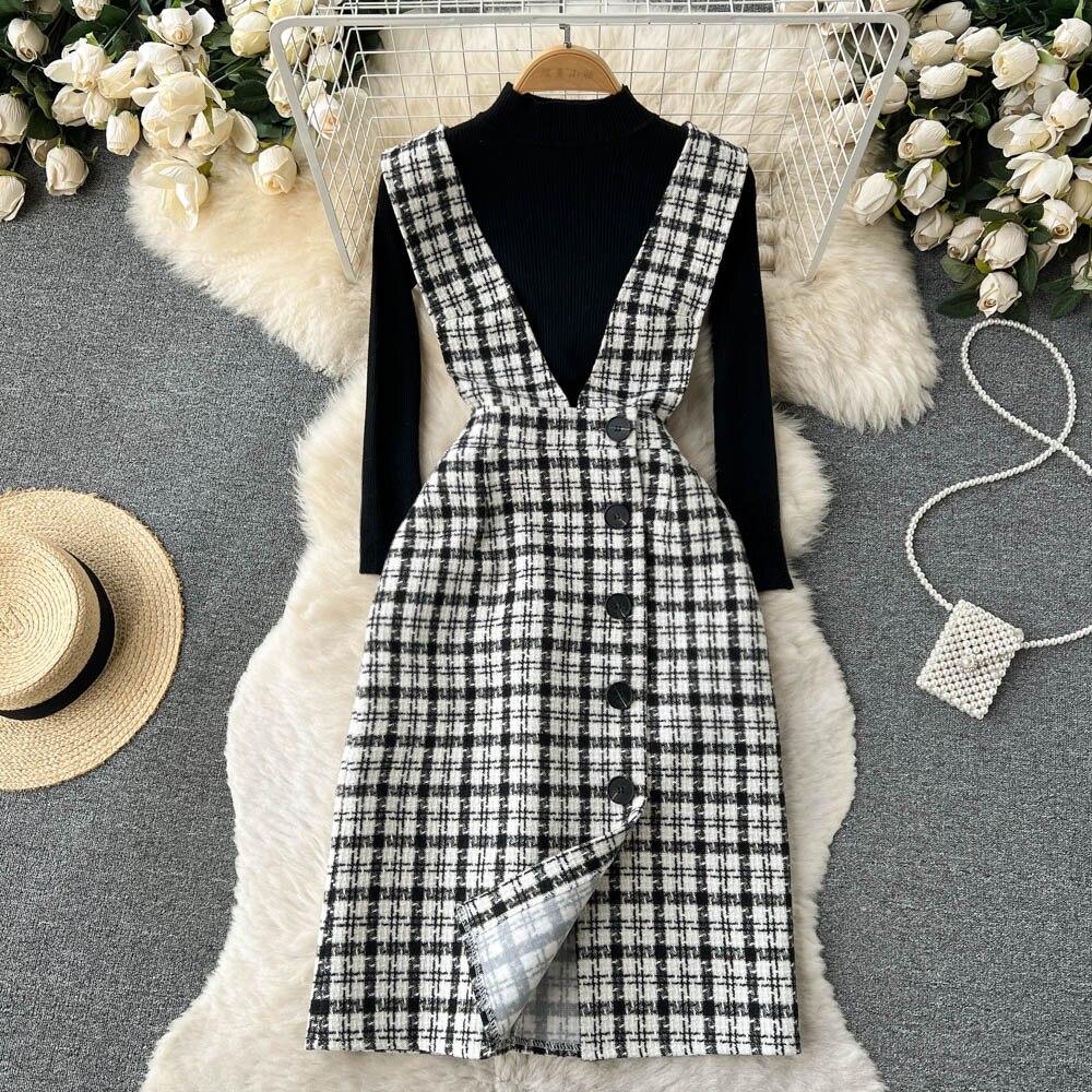 Autumn And Winter Fashionable Knitted Sweater + Bird Check Single-Breasted Straps Skirt Two-Piece Set