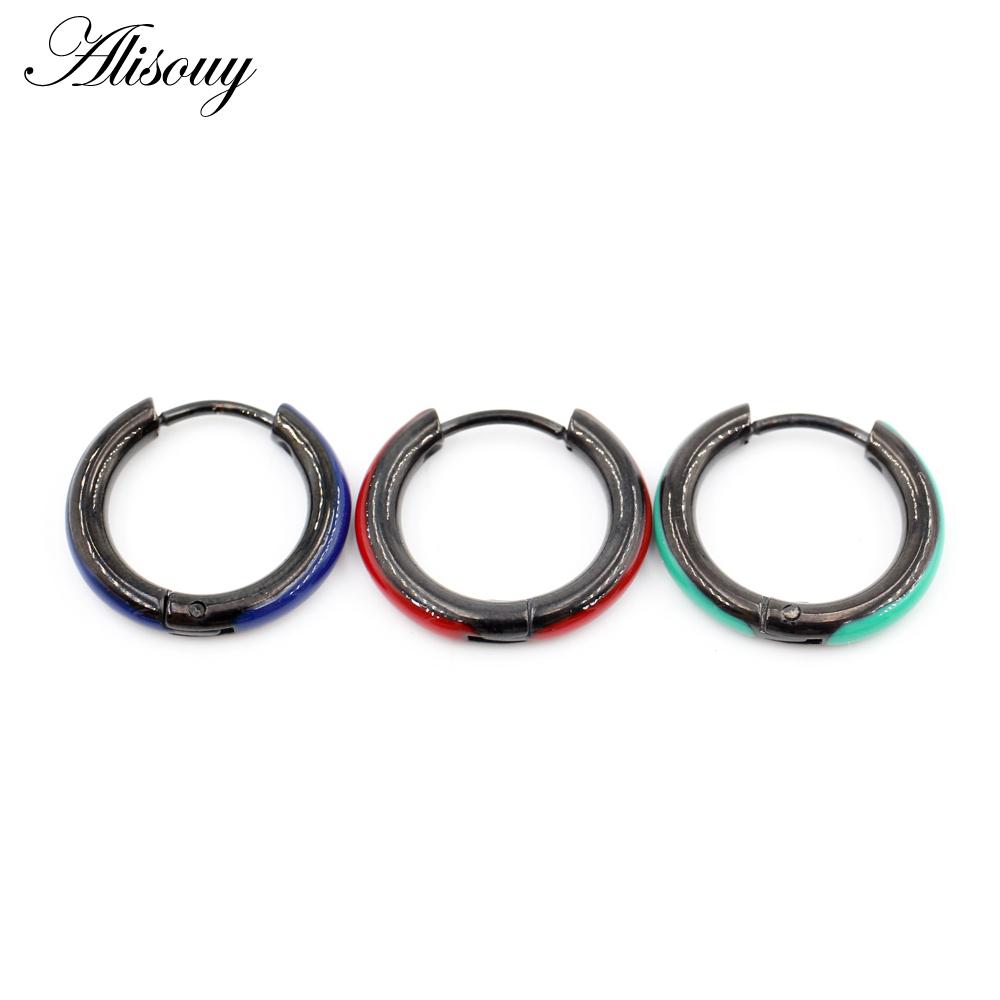 Alisouy 2PCS Punk Rock Hiphop Stainless Steel Enamel Circle Round Ear Helix Clip Huggie Buckle Women Men Unisex Hoop Earrings