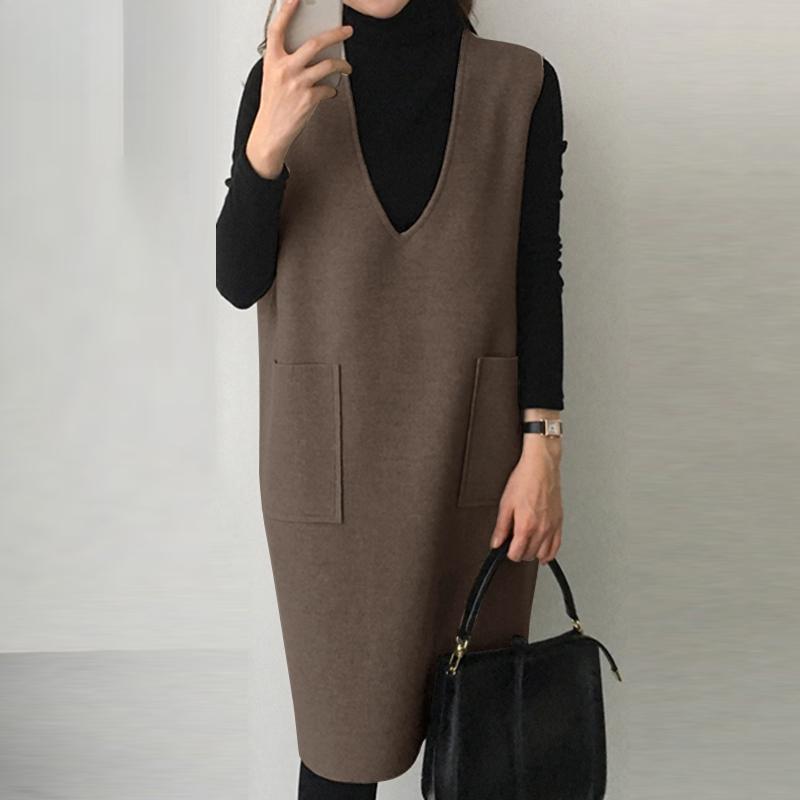 Женское свободное повседневное осеннее платье без рукавов с v-образным вырезом и жилетом