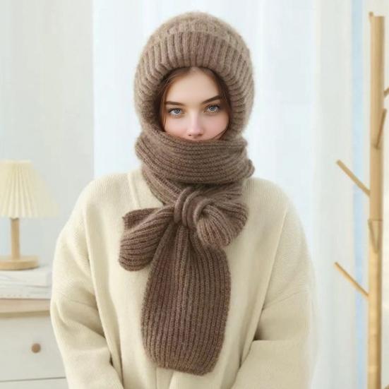 Winter Knit Hat with Integrated Scarf Solid Color Thickened Velvet Women Hat Long Scarf Set Cold Weather Headwear