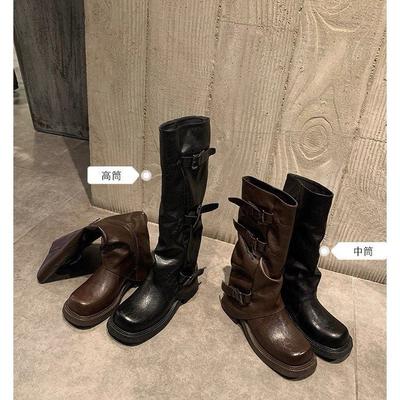 Ruodan одинаковой высоты пряжка ремня квадратная круглая голова плиссированные ботильоны-чулки средней длины женские западные плиссированные ботильоны на платформе