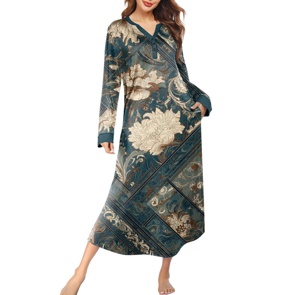 Женская ночная сорочка длинная домашняя одежда с V-образным вырезом и карманами