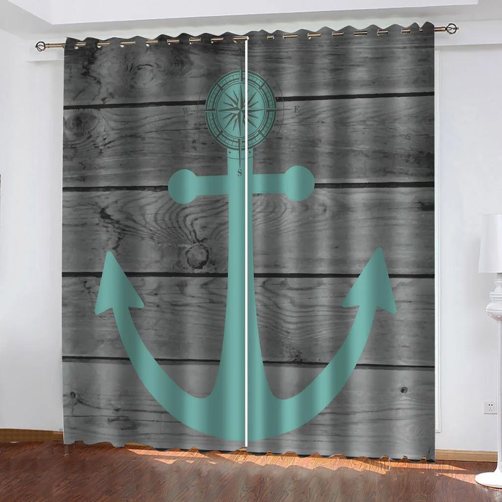 Главная Морской узор якоря Высокие затемняющие шторы Раздвижные стеклянные двери Спальня Гостиная Плотная затемняющая штора Новый стиль Shade