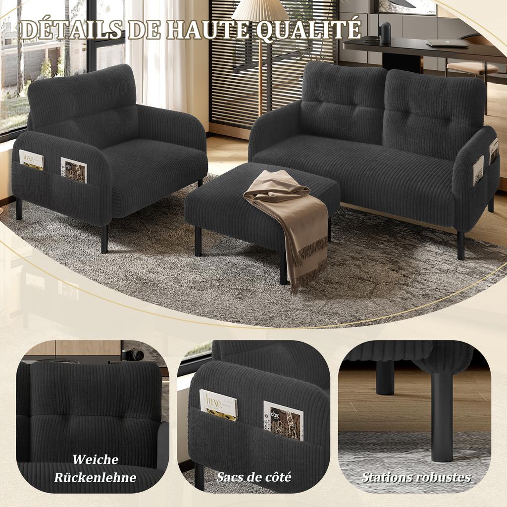 Corduroy 3-Piece Set Armchair + Stool + 2-Seater Sofa with Side Pocket Steel Frame & Backrest Deep Seat Modularly for Living Room, Grey