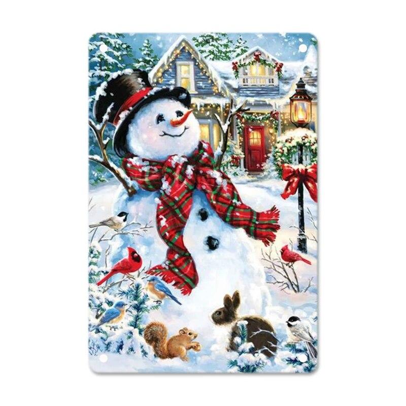 Merry Christmas Posters Tin Sign Cute Snowman and Santa Claus Metal Plaque Wall Art Decor Christmas Gift