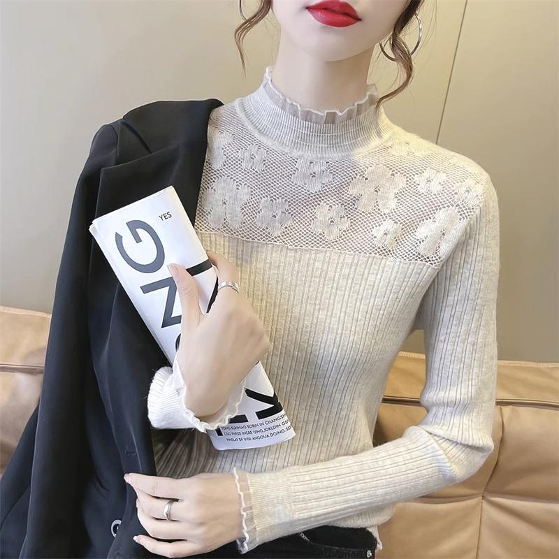 Women's Lace Top: Spring & Fall 2024 Long-Sleeve Knitted Sweater Pullover