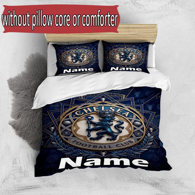 3pcs Duvet Cover Set (1*Duvet Cover + 2*Pillowcase, Without Core), Custom Name Chelsea Football Club Pattern Bedding Set, Home Bedroom Decor Gift