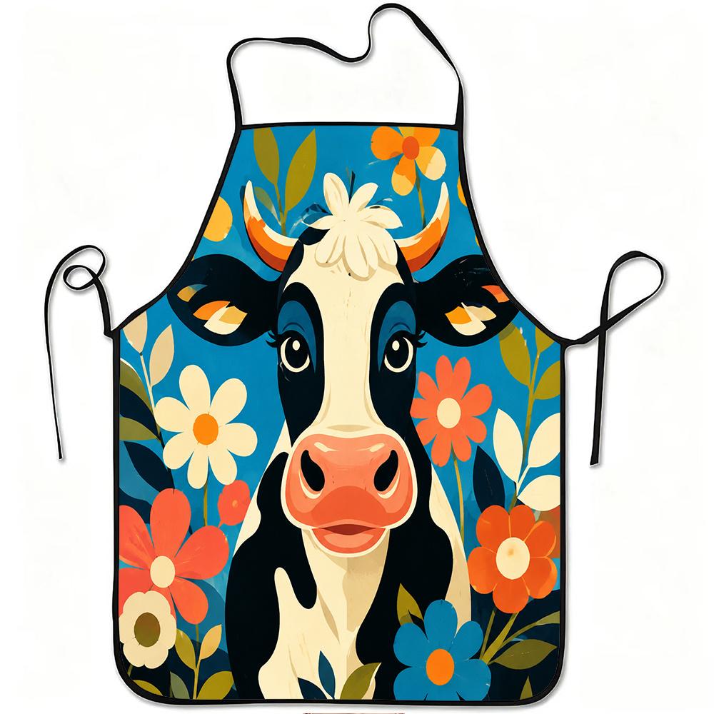 1pc Cute Cow And Colorful Flowers Print Apron, Durable And Easy to Clean, Adjustable Waistband, Polyester Material, for Kitchen Cooking, Gardening, Or