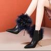 Fashion Women's Fashion Stiletto Cotton Boots Winter New Pointed Head Side Zipper Feather Temperament High Heel Ankle Boots