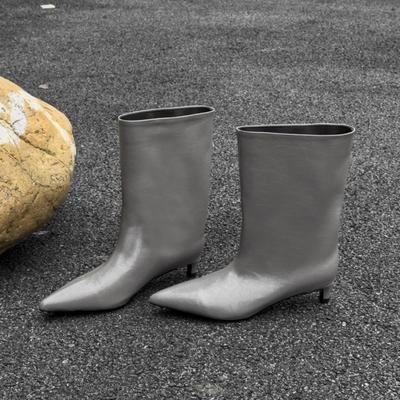 2025 осень и зима новые остроносые тонкий каблук серые свободные прямые универсальные модные ботинки рукав рыцарские ботинки полусапоги женские