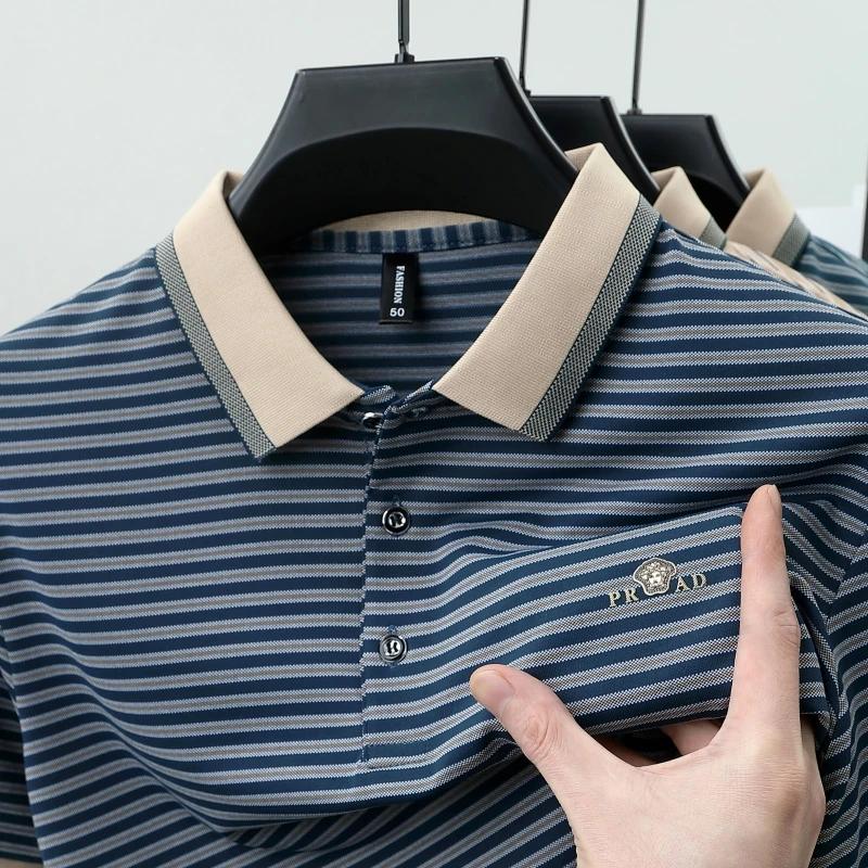 Мужская новая рубашка-поло из ледяного шелка Премиум Роскошная Прохладная ткань Business Casual Гольф Облегающий крой Воротник-поло Футболка Летняя