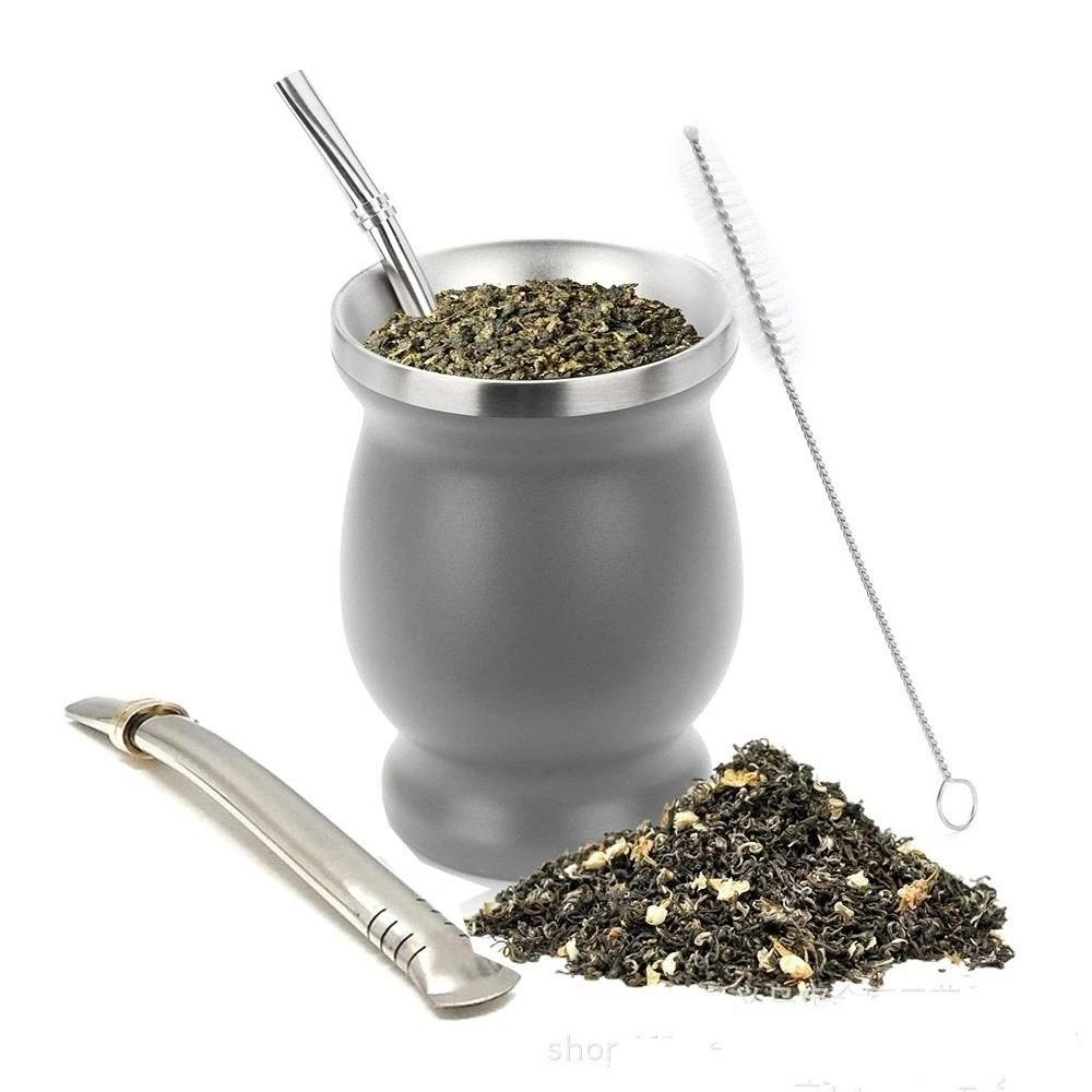 Double Wall Tea Cup Set Stainless Steel Straw Cup Practical Insulated Cup Tea Drinking