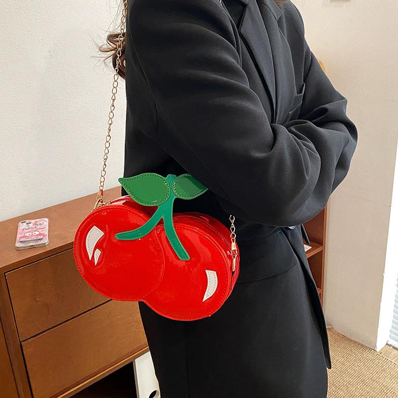 Women's Funny Cherry Shape Shoulder Crossbody Bag Cute Personalized Chain Design Small Purse and Handbag CLE