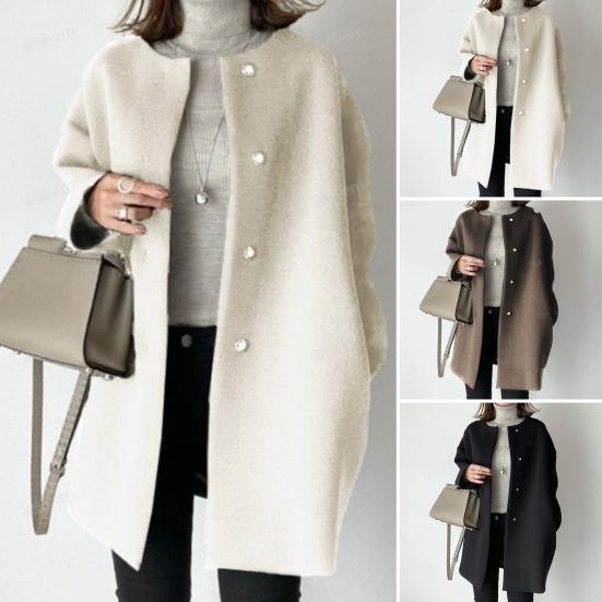 Fall Winter Women Jacket Button-down Round Neck Loose Long Sleeves Straight Woolen