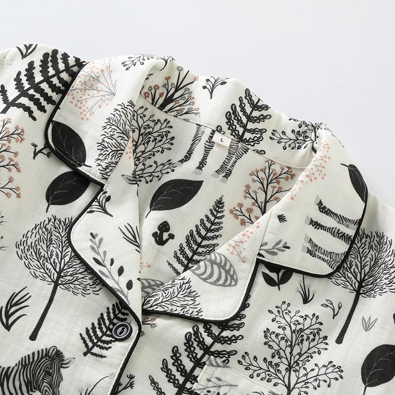 Простая двухслойная женская пижама из чистого хлопка с марлей, весна/осень, тонкая, с длинными рукавами, свободная домашняя одежда, черная пижама с принтом «зебра и лес»