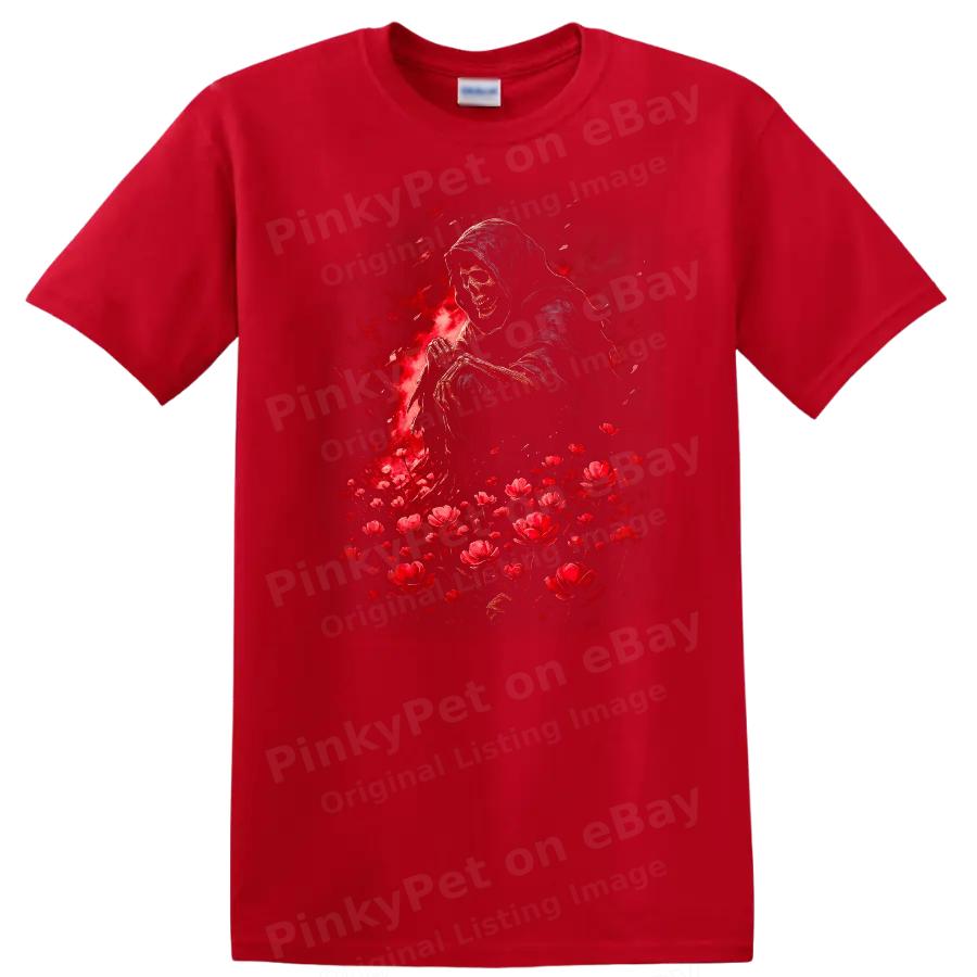 Skull Grim Reaper Sitting Red Flowers Art Graphic T Shirt Cool Tee