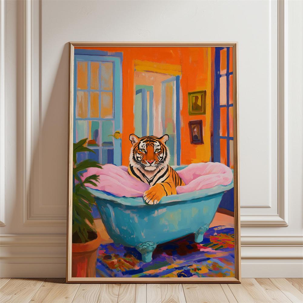 Zebra in Pink Bath Art Print Bathroom Wall Art Poster Funny Cats Bathroom Print Canvas Painting Tiger in Bath Art Toilet Print
