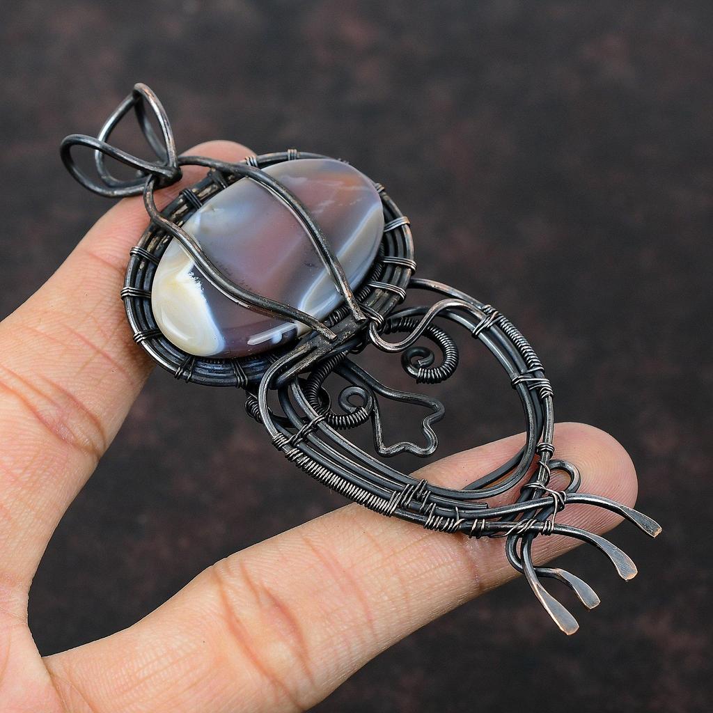 Мексиканская лагуна, кружевной агатовый кулон, медная проволока, кулон с драгоценным камнем, медные украшения, кулон ручной работы, ювелирный кулон, завернутый в проволоку, для подарка