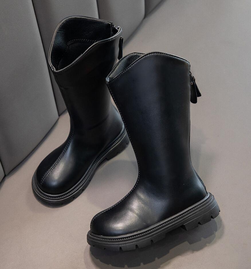 Fashion Girls' Long Boots 2024 Winter New British Style Black Children's Knight Boots Princess Girl Back Zipper Knee-High Boots 4-15 Yea