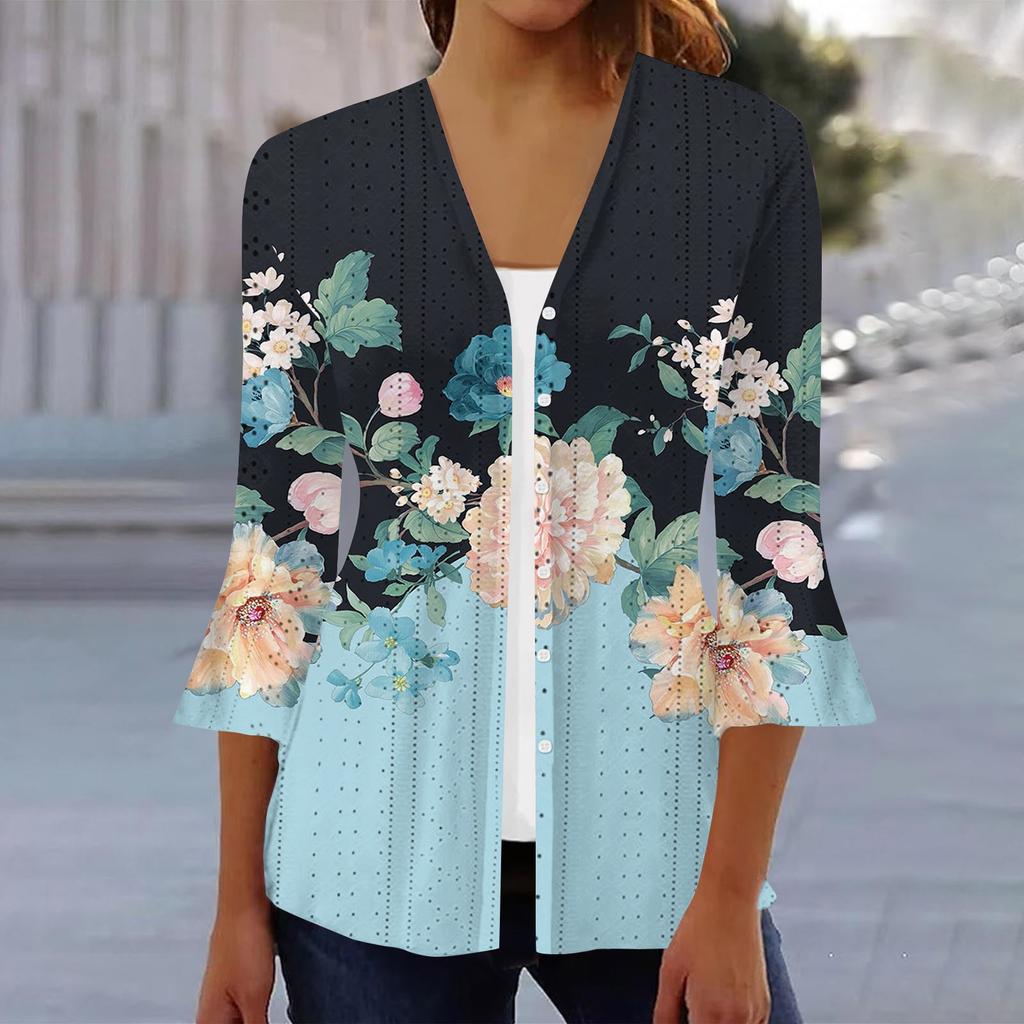 Women's Fashion Loose Casual Printed Three-quarter Sleeve Button Shirt Cardigan Top