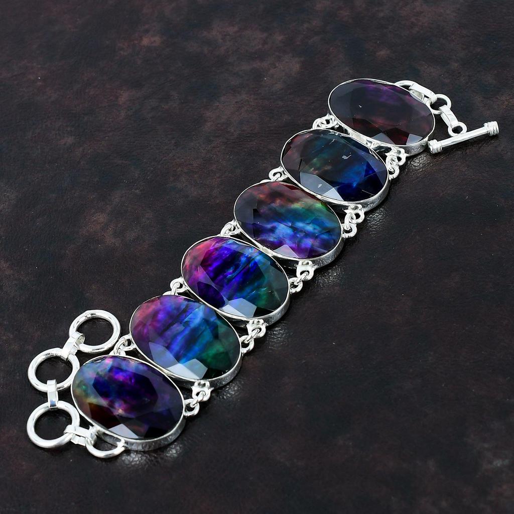 Граненый браслет из аммолита Браслет из драгоценного камня Браслет из стерлингового серебра 925 пробы Ювелирные изделия из аммолита Регулируемый браслет-цепочка Антикварные ювелирные изделия ручной работы