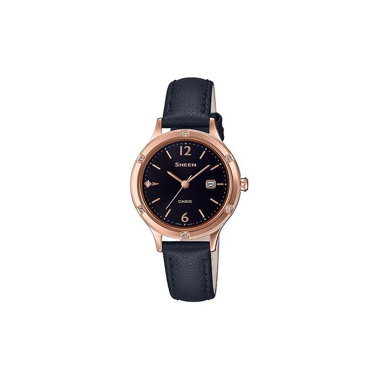 Casio Sheen Slim Dial Swarovski Crystal Accent Date Display Simple Elegant Business Quartz Watch Women watches Black SHE-4533PGL-1AUPR