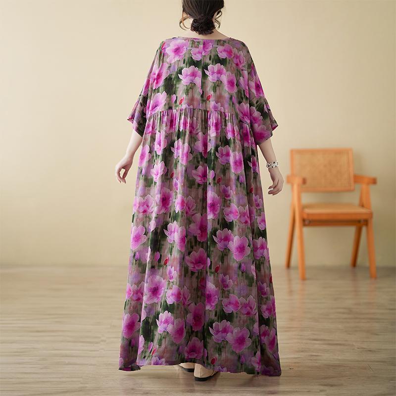DIMANAF 2025 Женское Летнее Новое Винтажное Платье с Цветочным Принтом Большого Размера Праздничное Длинное Базовое с Коротким Рукавом Повседневное Свободное Платье