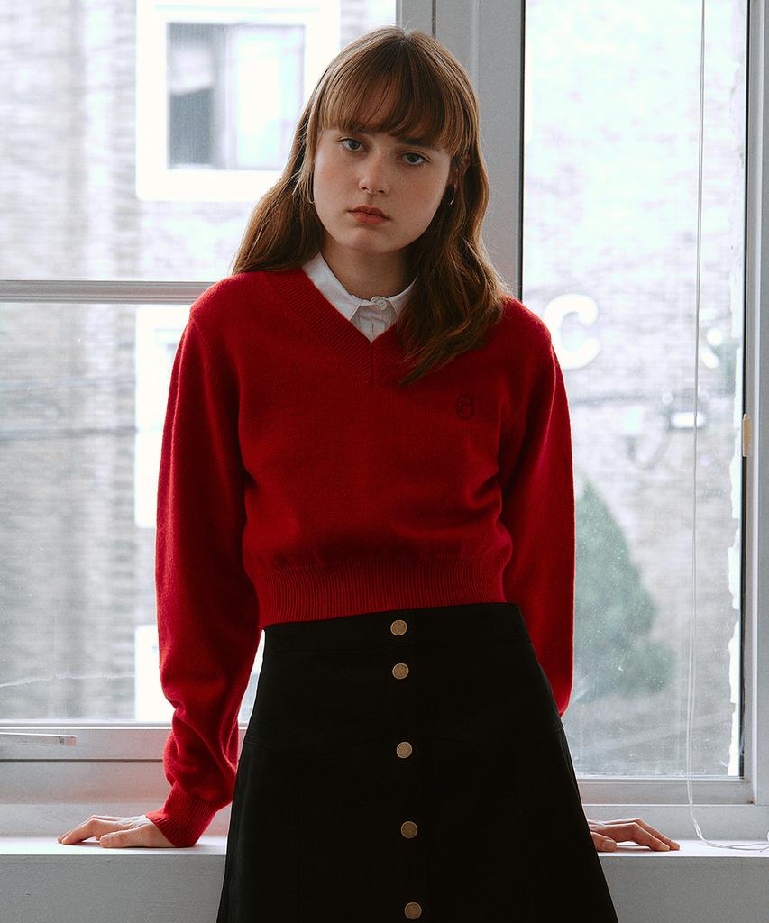 ROLAROLA V Neck Crop Knit Red