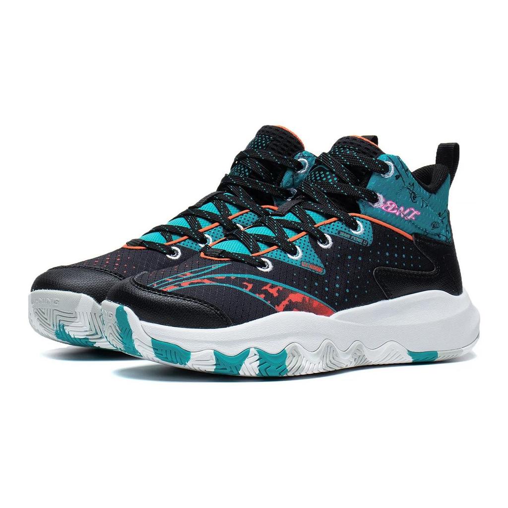 LiNing Pioneer Primary 3.0 Comfortable Non-Slip Wear-Resistant Mid-Top Basketball Shoes Kids Sneaker Black Green YKBT006-1