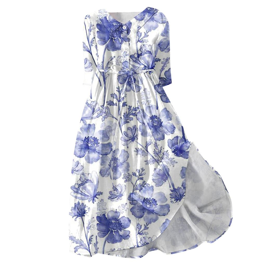 Женская мода повседневное платье с воротником на лацканах и пуговицами с рукавами 3/4