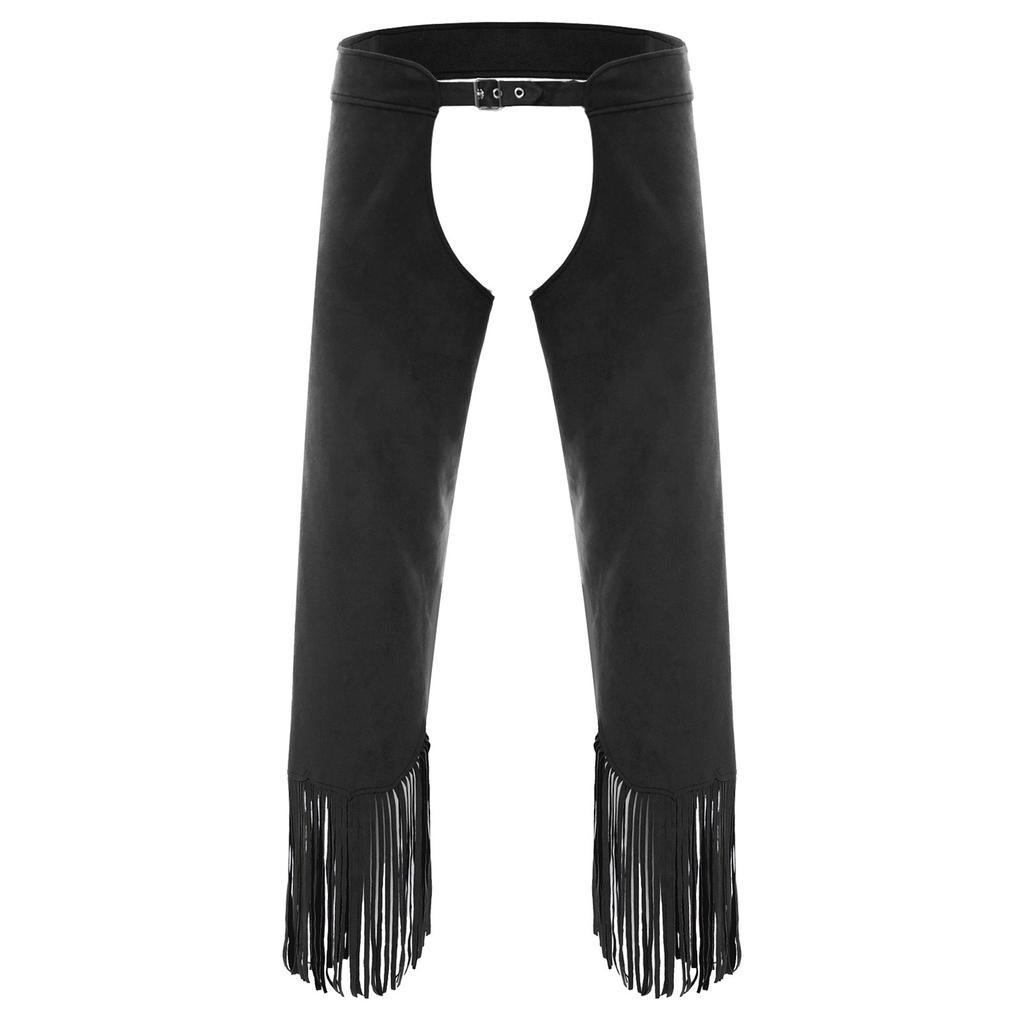 Womens Suede Cowgirl Chaps Fringe Split Open Crotch Adjustable Buckles Pants Vintage Costume