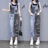 Spring Summer Distressed Denim Patchwork Overall Pants for Women Korean Style Loose Youthful All-Match 9/10 Wide Leg Jumpsuits